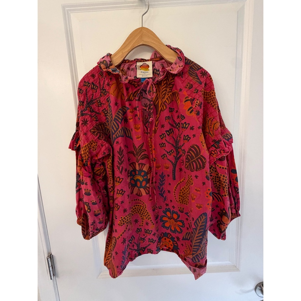 Farm Rio for Anthropologie Pink Tropical Leopard Print Tie Front Blouse Small
